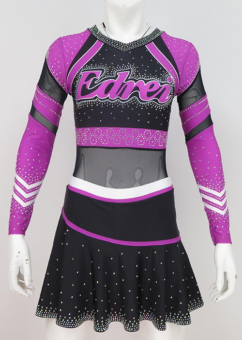 LumiVibe Sublimated Cheer Uniform – Purple, Black & White with AB Rhinestones