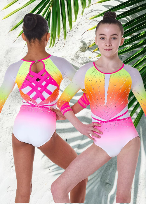 Pink Yellow White Gradient  Gymnastics Leotard 